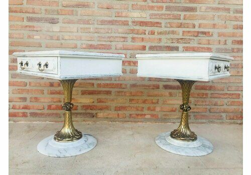 Antique Bronze & Marble Nightstands, Set Of 2