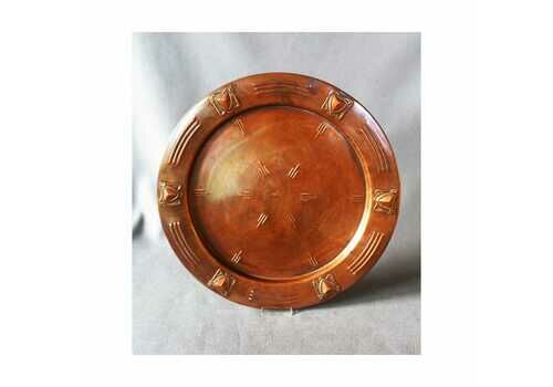 Large Antique Art Nouveau Art Deco Copper Tray, Round Serving Platter, Arts And Crafts Charger, Centerpiece, Embossed Decoration Circa 1900s