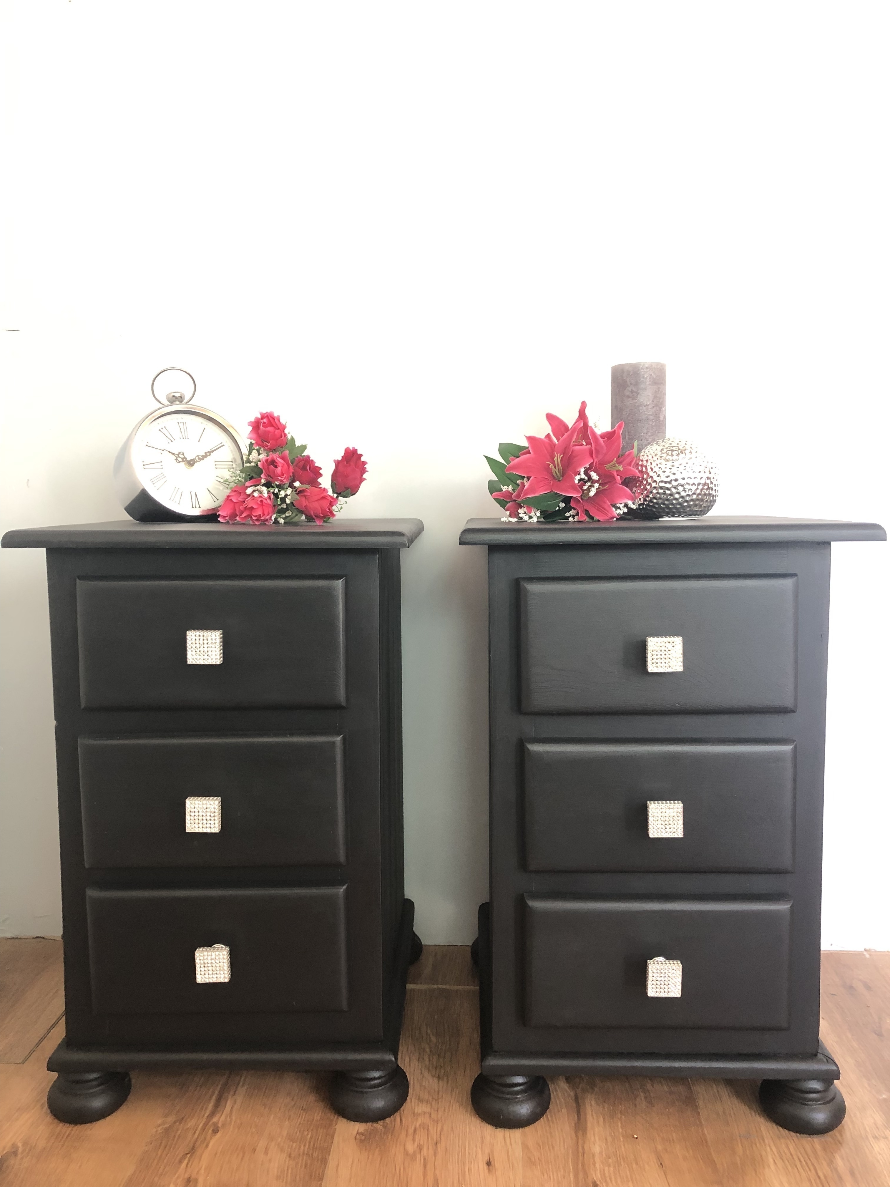A Pair Of Handmade Solid Pine 3 Drawers Hand Painted Bedside Tables