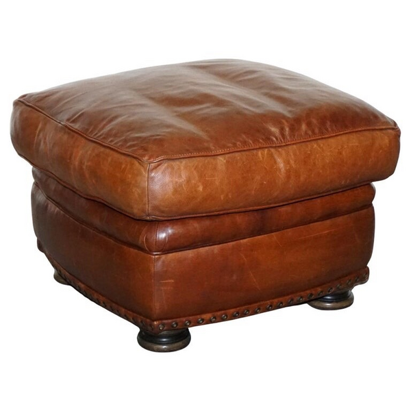 Lovely Vintage Brown Leather Footstool Feather Filled Brass Studs 