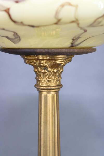 1940s Restored Brass Table Lamp With Wooden Base And Glass Shade photo for sale