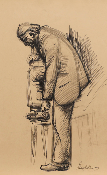 E.P. Clapholt Mid 20th Century Charcoal Drawing, The Shoelace