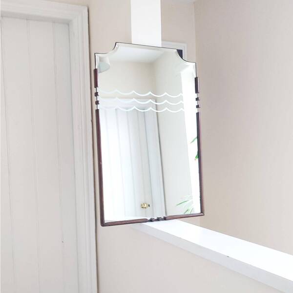 Mid Century Modern Part Mahogany Framed Bevel Wall Mirror W/ Wave Etched Detail   Large Vintage Rectangular Portrait Mirror Segmented Frame