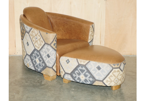 Stunning Vintage Brown Leather & Kilim Rocket Armchair & Footstool Suite