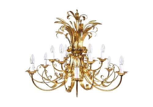 Hans Kögl Xl Hollywood Regency Wheat Floral Bouquet Gilt Iron Chandelier, 1970s