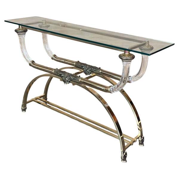 Claude Dalle Style Console Table With Glass Top, Lucite And Bronze