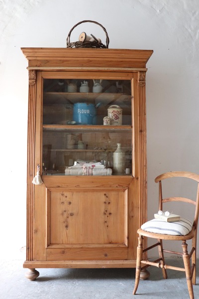 Beautiful Vintage Part Glazed Pine Armoire, Linen Cupboard Or