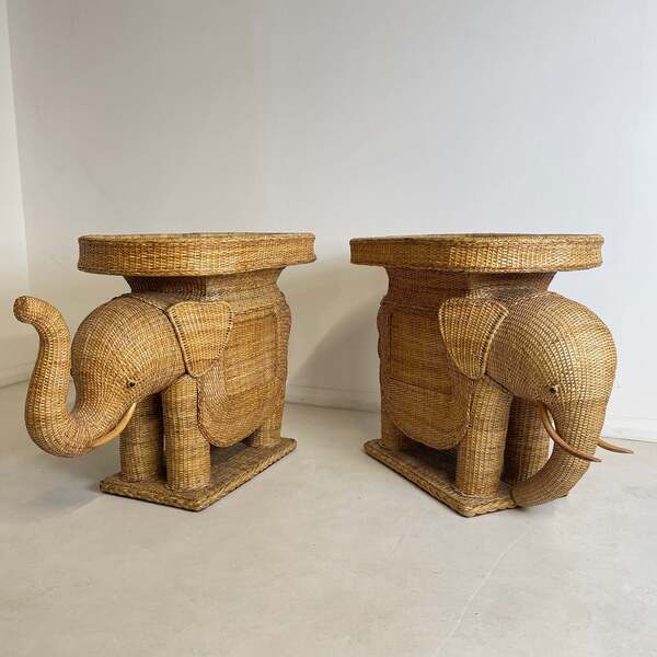 Vintage Wicker Rattan Elephant Side Tables X 2