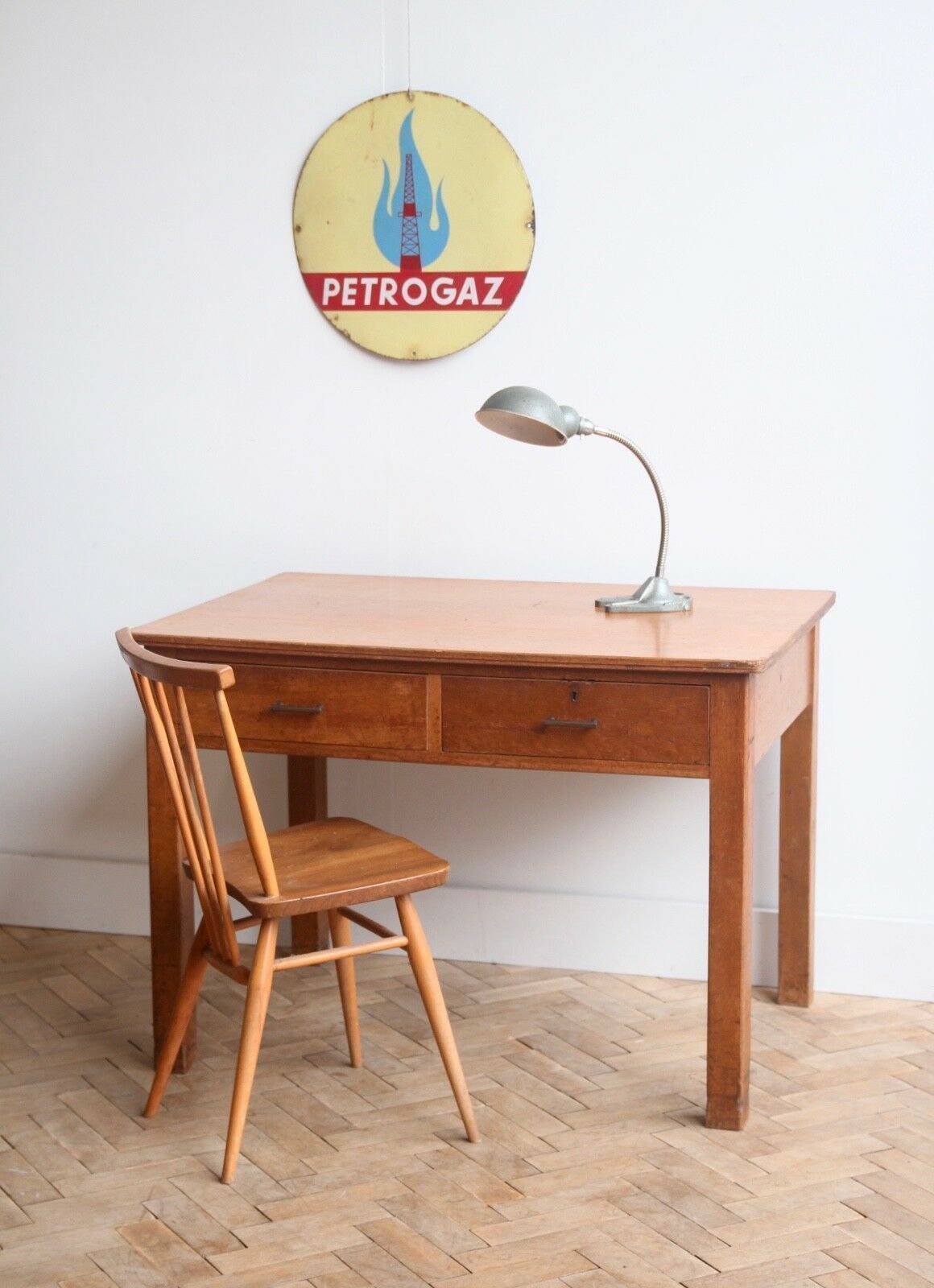 Vintage Antique Oak Desk With Drawers Mid Century
