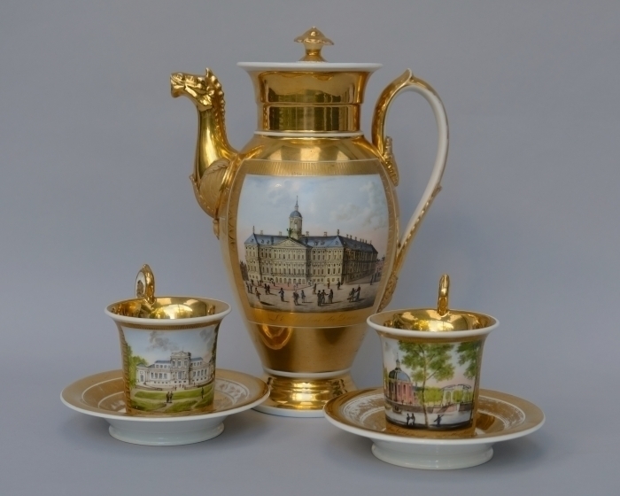 Empire Coffee Pot And Two Cups And Saucers With Views Of Amsterdam, Haarlem And Rotterdam
