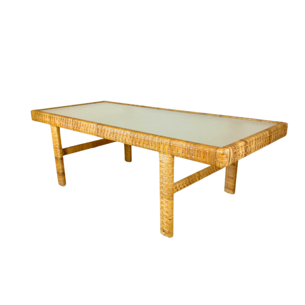 Danish Modern Coffee Table In Rattan Cane And Matt Glass By R. Wengler 1940s
