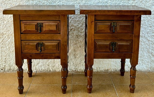 20th Century Spanish Nightstands With Two Drawers And Iron Hardware, 1950s, Set Of 2 photo for sale