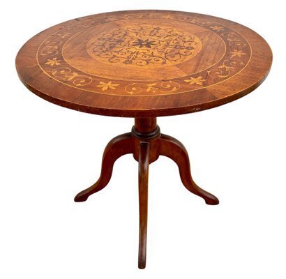Mid Century Walnut With Marquetry Round Side Table, 1950s