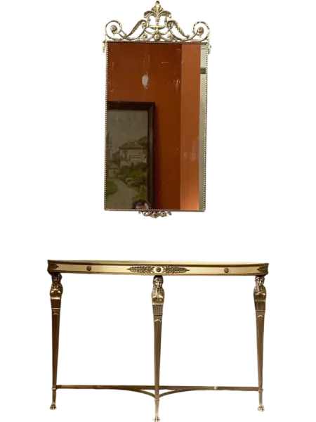 Set Di Consolle Con Specchiera In Ottone Dorato Chiaro Cantù 1950