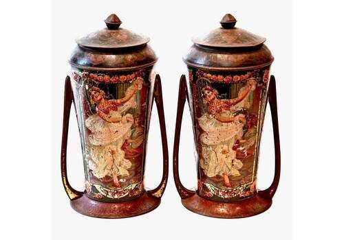 Pair Of 19th C. Printed Tole Tea Urns  Indian Dancers From The Victorian Era