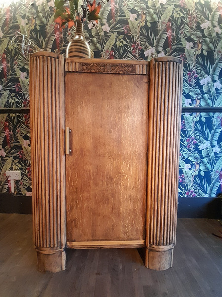 Solid Light Oak Art Deco Tallboy With 2 Internal Shelves