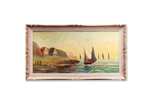 Signed Panoramic Oil Painting Of Sailng Ships Off The Brittany Coast