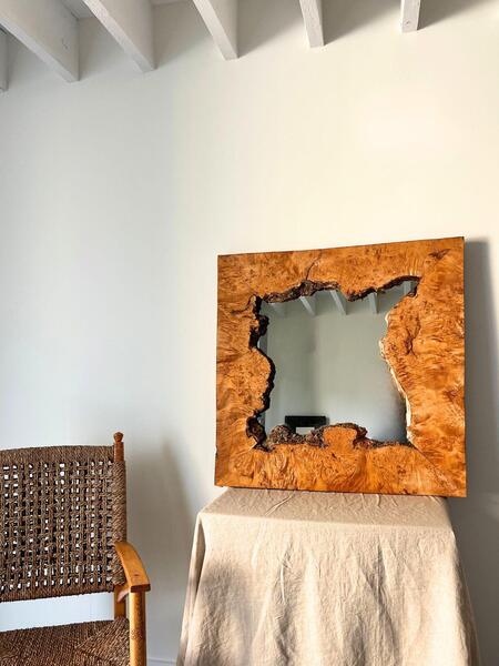 Burr Wood Wall Mirror With Chunky Live Edge Frame Large Vintage Handmade Naturalist Piece