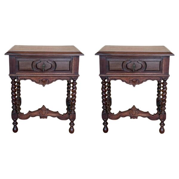 20th Pair Of Spanish Carved Nightstands With Drawer And Low Crest