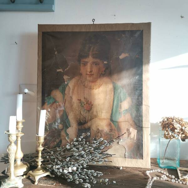 Portrait Painted Print, Vintage Of A Pretty Lady With A Cat. Hand Mounted On Canvas. Very Old And Distressed. From A Painting.