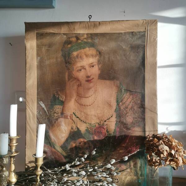 Painted Print, Vintage Portrait Of A Pretty Lady With A Dog. Hand Mounted On Canvas. Very Old And Distressed. From A Painting.