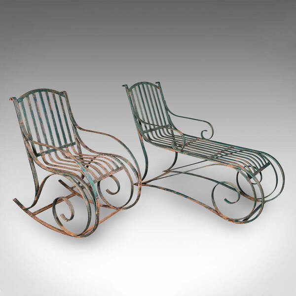 Antique Garden Lounger Set English Outdoor Rocker Steamer Chair Edwardian