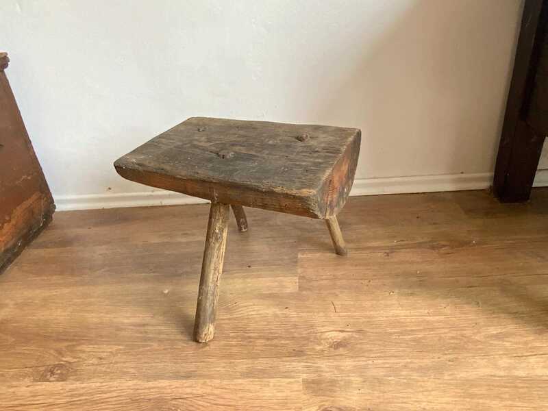 Vintage Rustic Heavy Tripod Block Hand Made Milking Stool Or Primitive Bedside Table Hand Crafted In The Early 1900 Chunky Robust And Unique
