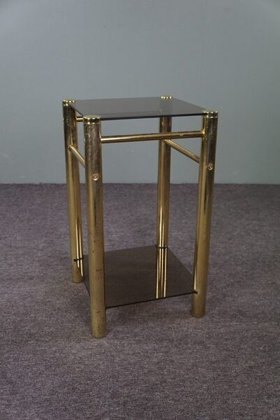 Gold Hollywood Regency Smoked Glass Side Table, Column