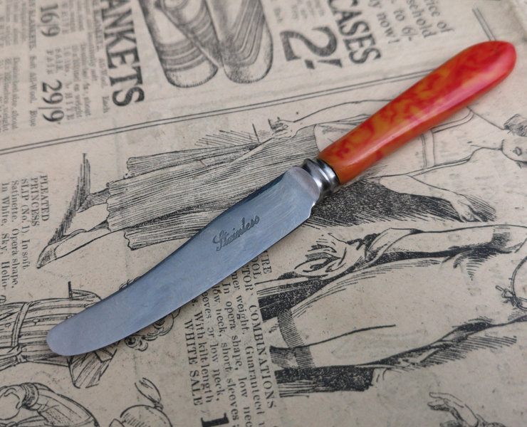 Vintage Bakelite Preserve Knife Sheffield Steel Marbled Orange