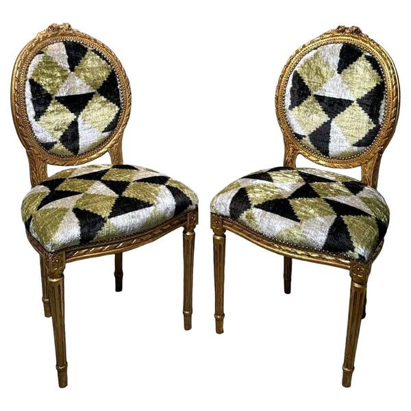 Pair Of Louis XVI Style Wooden Chairs Gold Leaf Finish And Ikat Silk Velvet