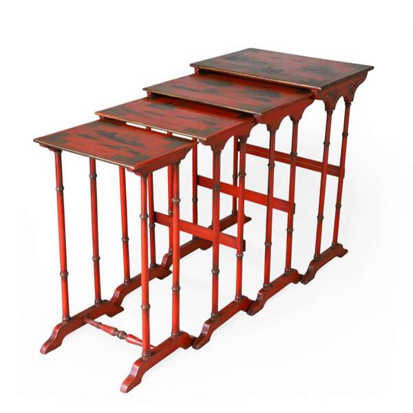 Antique Chinoiserie Red Lacquer Nest Of 4 Tables Circa 1900