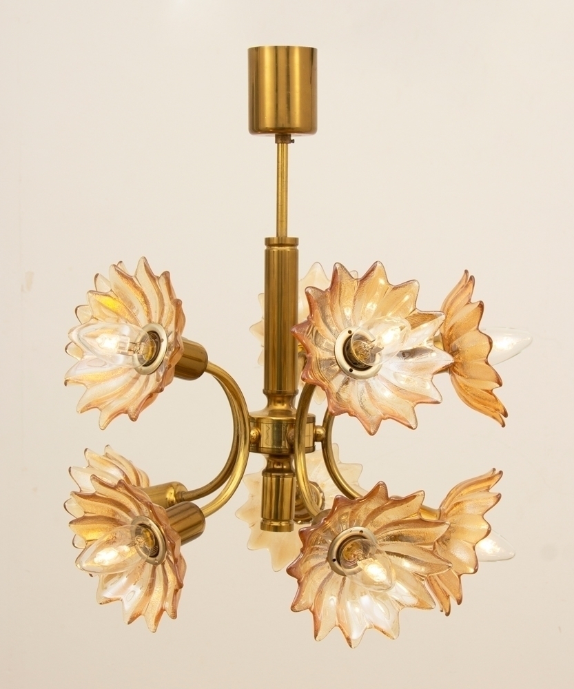 70s Chandelier Hanging Light Iridescent Orange Glass Shades Brass Dining Ceiling Light Vintage 1970s 70s Chandelier Hanging Light Iridescent Orange Glass Shades Brass Dining Ceiling Light Vintage 1970s