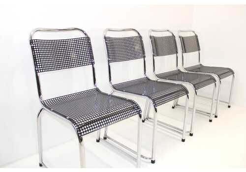 Set Of 4 Vintage Chrome Chairs / 1970s Dining Chairs / Mid Century Modern Seating / Industrial Style Chairs / Italian Design Black Chairs