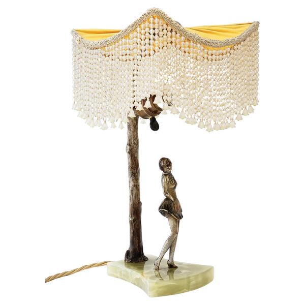 Bronze Table Lamp With Marble And Fabric Shade Vienna Around 1908