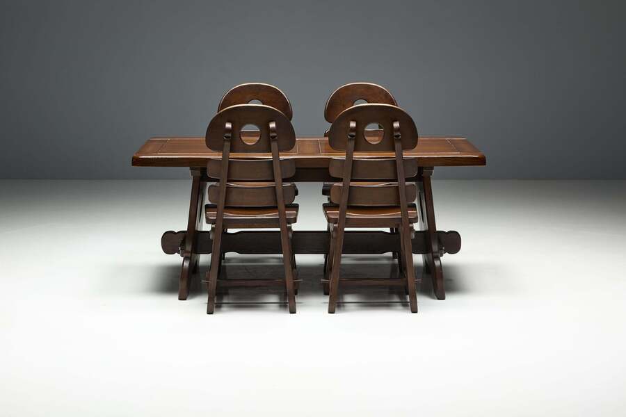 Brutalist Rustic Modern Dining Set In Stained Oak, Spain, 1970s photo furniture