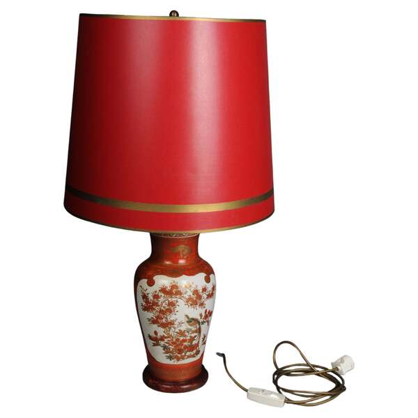 Old Asian Porcelain Table Lamp, Red With Shade, Electrified