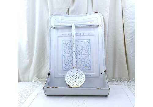 Antique French White Enamel With Blue Pattern Wall Mounted Drip Tray With Strainer, Retro Country Kitchen Cooking Decor Item From France