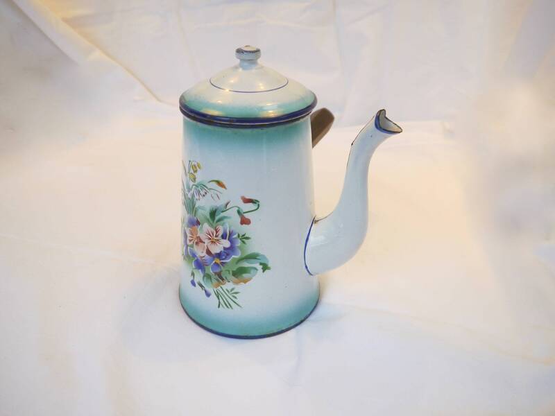 Enamel Floral Coffee Pot, French Vintage Flower Motif Coffee Pot, Enamelled Antique Cafetiere