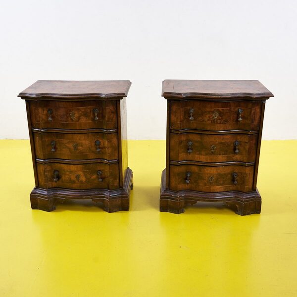 Pair Of Vecchia Cerea Bedside Tables, Early 1900s, In Walnut Wood, Slabed And Threaded, With Three Mossi Drawers