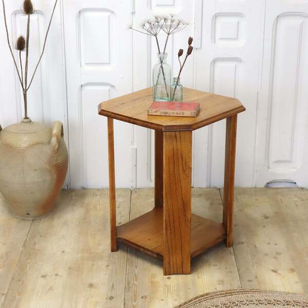 Vintage Art Deco Octagonal Solid Oak Side Table