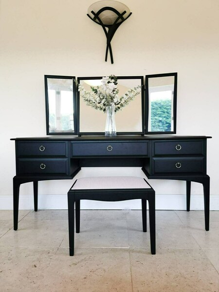 Spray Painted Matt Black Stag Minstrel Dressing Table Set With Triple Mirror & Stool