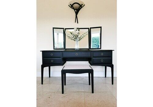 Spray Painted Matt Black Stag Minstrel Dressing Table Set With Triple Mirror & Stool