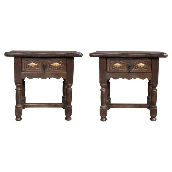 20th Century Pair Of Spanish Nightstands With Drawer And Iron Hardware