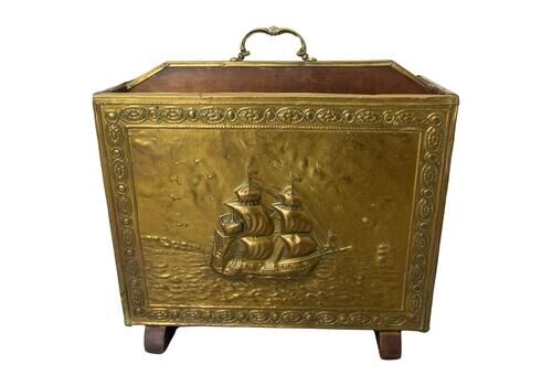 French Magazine Rack Embossed Brass & Wood Representing Spanish Galleons C. 1960
