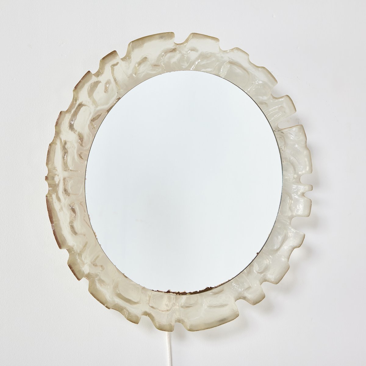 Vintage Textured Glass Illuminated Round Mirror 1950s