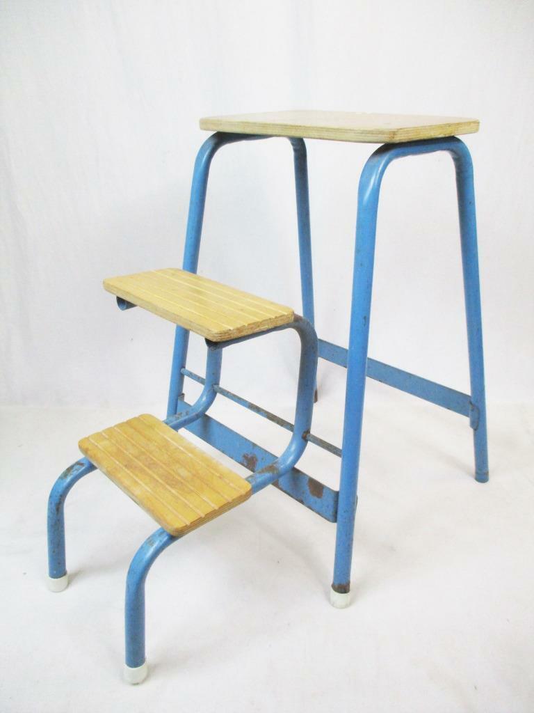 Vintage 50 S Folding Step Stool Blue Wood Ladder Mid Century