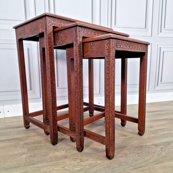 Vintage Chinese Floral Nest Of 3 Heavily Carved Wooden Side Nested Tables Rose