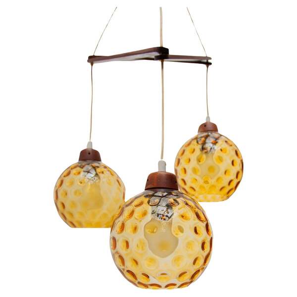 Teak And Amber Glass Bowls Cascade Chandelier Made In Denmark 1950s