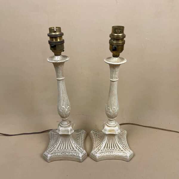 Pair Of Vintage Lamps Lights Bedside Side Table Antique Resin Beige Carved Patterned Pattern Square Base Cottage Lamp Light Ornate