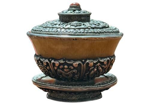 Antique Tibet Po Cha Mug Silver Finely Engraved Jade White Coral